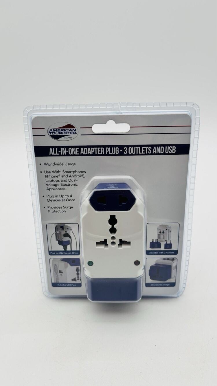 New American Tourister All-In-One Worldwide Adapter Plug 3 Outlets & USB New
